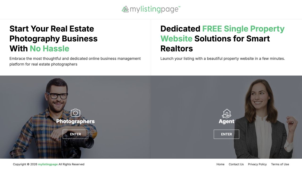 MyListingPage homepage with photographer and agent entry points